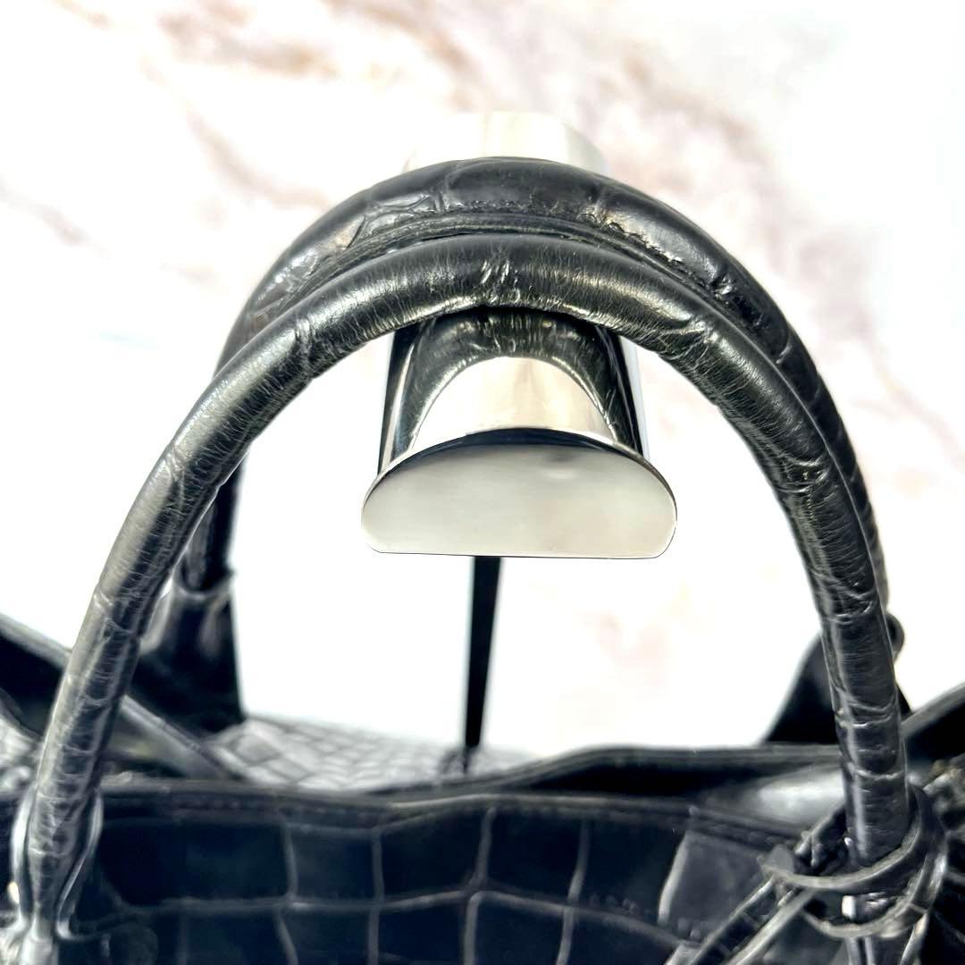 【美品】 FURLA ハンドバッグ クロコ型押し レザー ブラック 黒