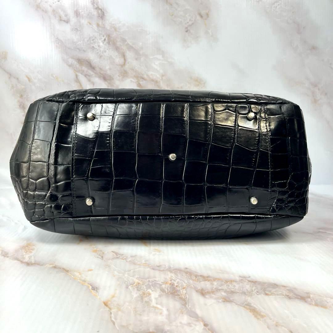 【美品】 FURLA ハンドバッグ クロコ型押し レザー ブラック 黒