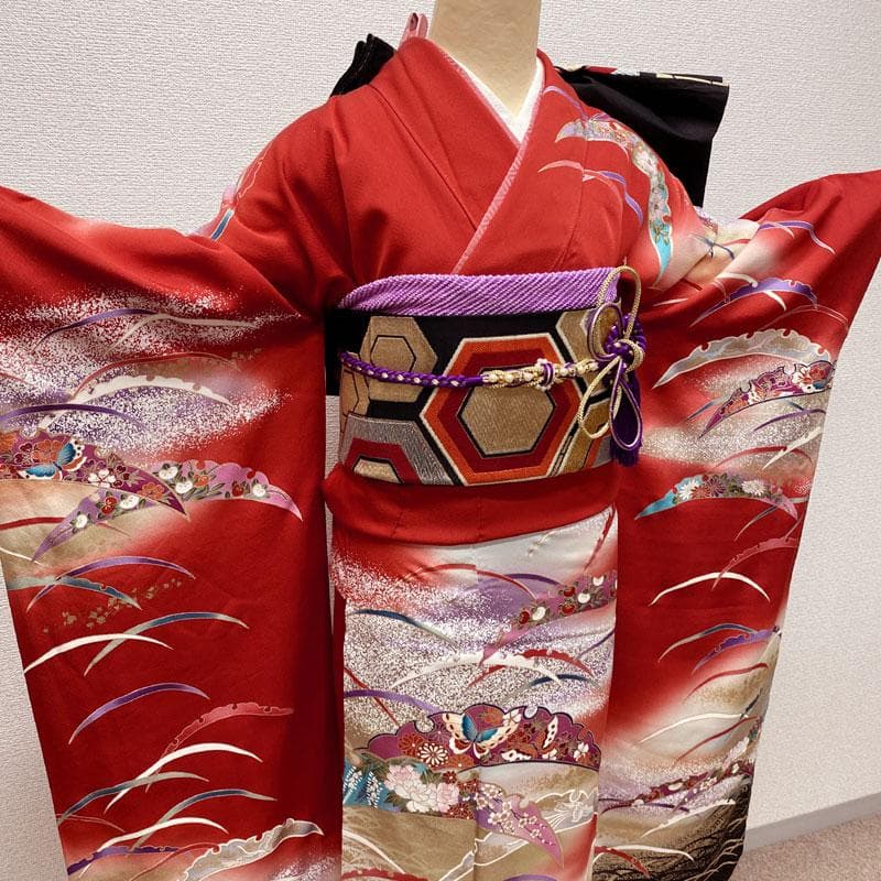502aj5◎振袖＆袋帯 帯揚げ 帯締め 重ね衿 古典柄 雪輪 金彩 成人式◎