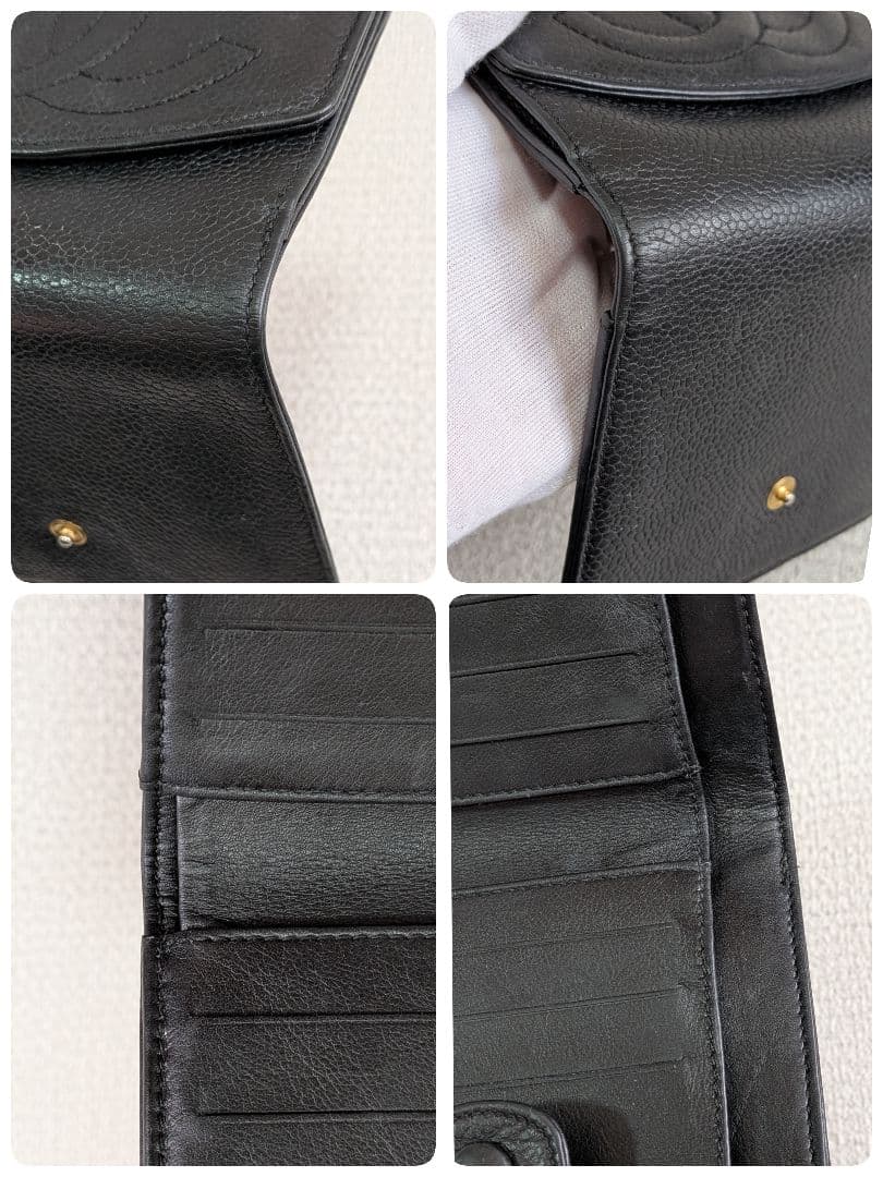 シャネル　デカココ　Wホック折り財布　キャビアスキン　黒　ミニチェーンウォレット