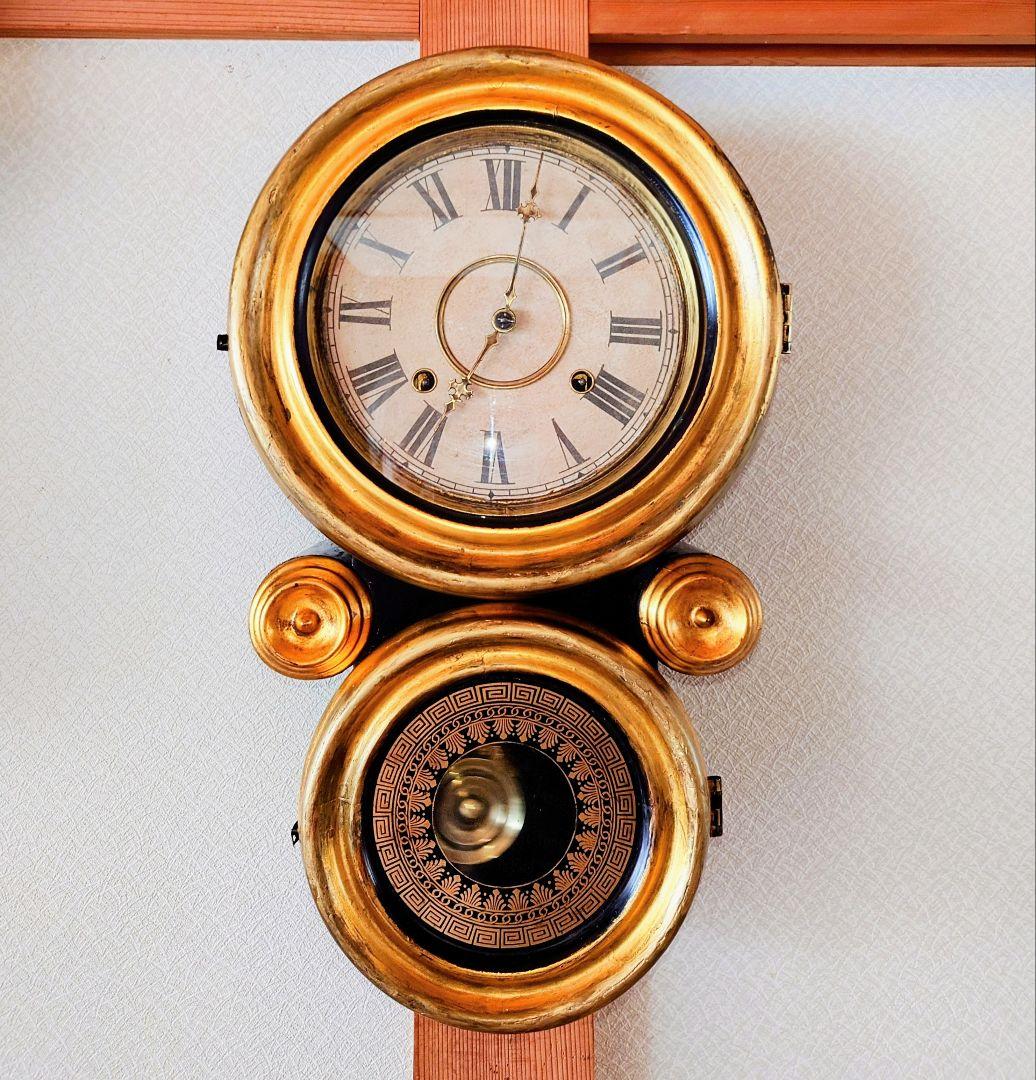 〈OH済完動美品〉ANSONIA　小型金箔本四ツ丸達磨ゼンマイ振り子掛け時計