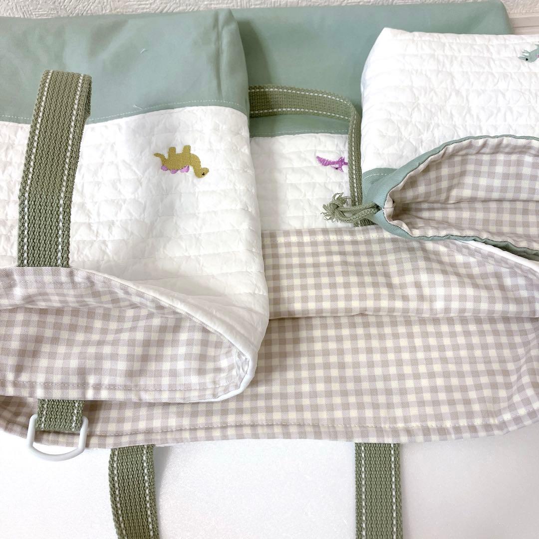 大きめ　レッスンバッグ 上履き入れ　コップ袋　ヌビ　恐竜刺繍