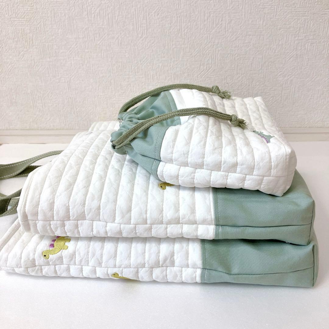 大きめ　レッスンバッグ 上履き入れ　コップ袋　ヌビ　恐竜刺繍