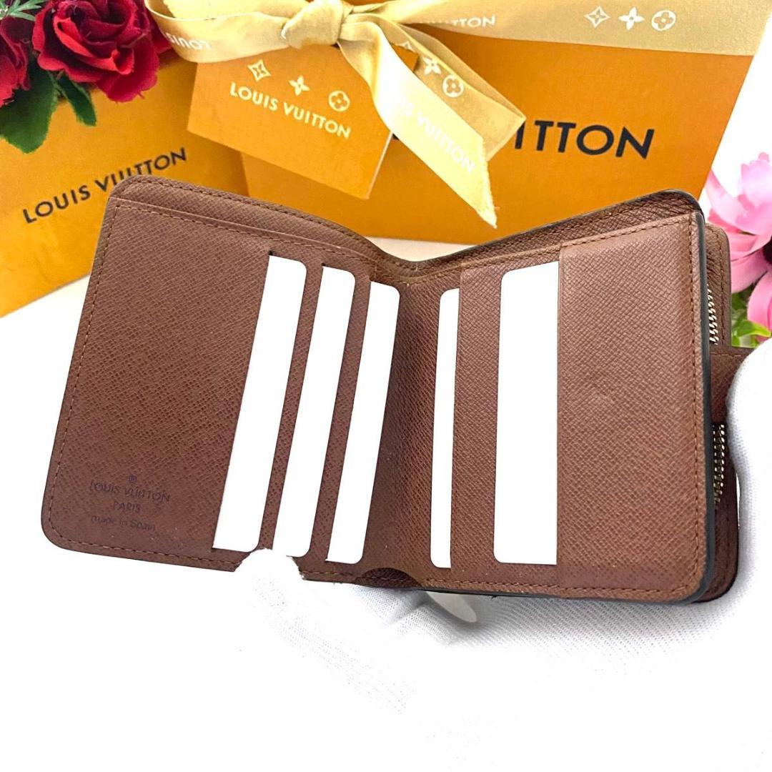 ルイ ヴィトン◎コンパクトジップ モノグラム ラウンドファスナー 二つ折り 茶色