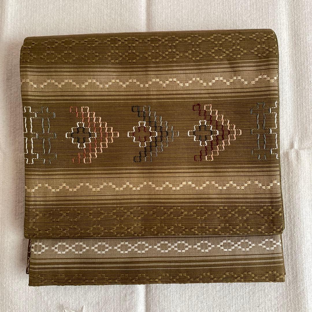 オリーブグリーン 花織 袋帯