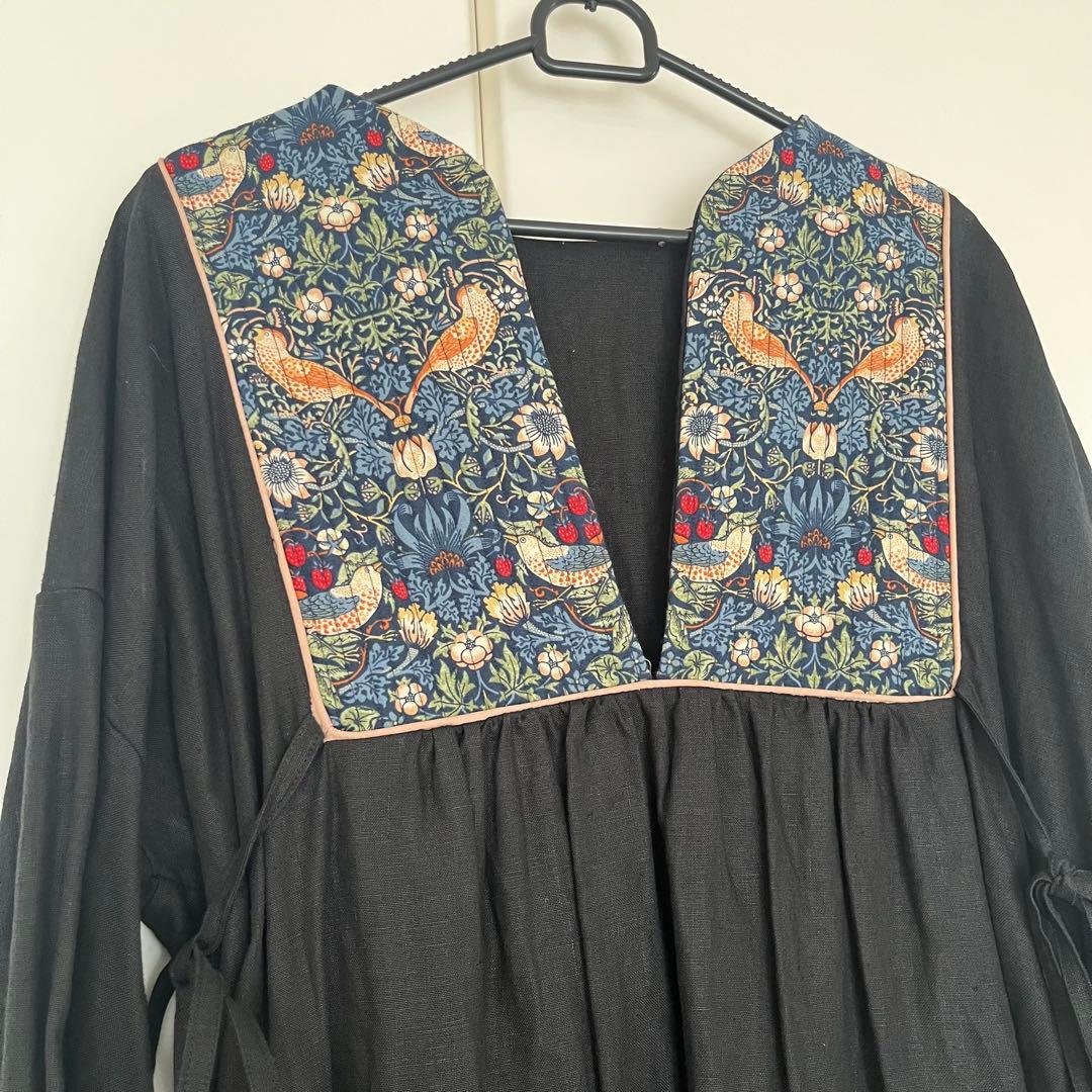 handmade ウィリアムモリスいちご泥棒×リネン ワンピース フリーサイズ