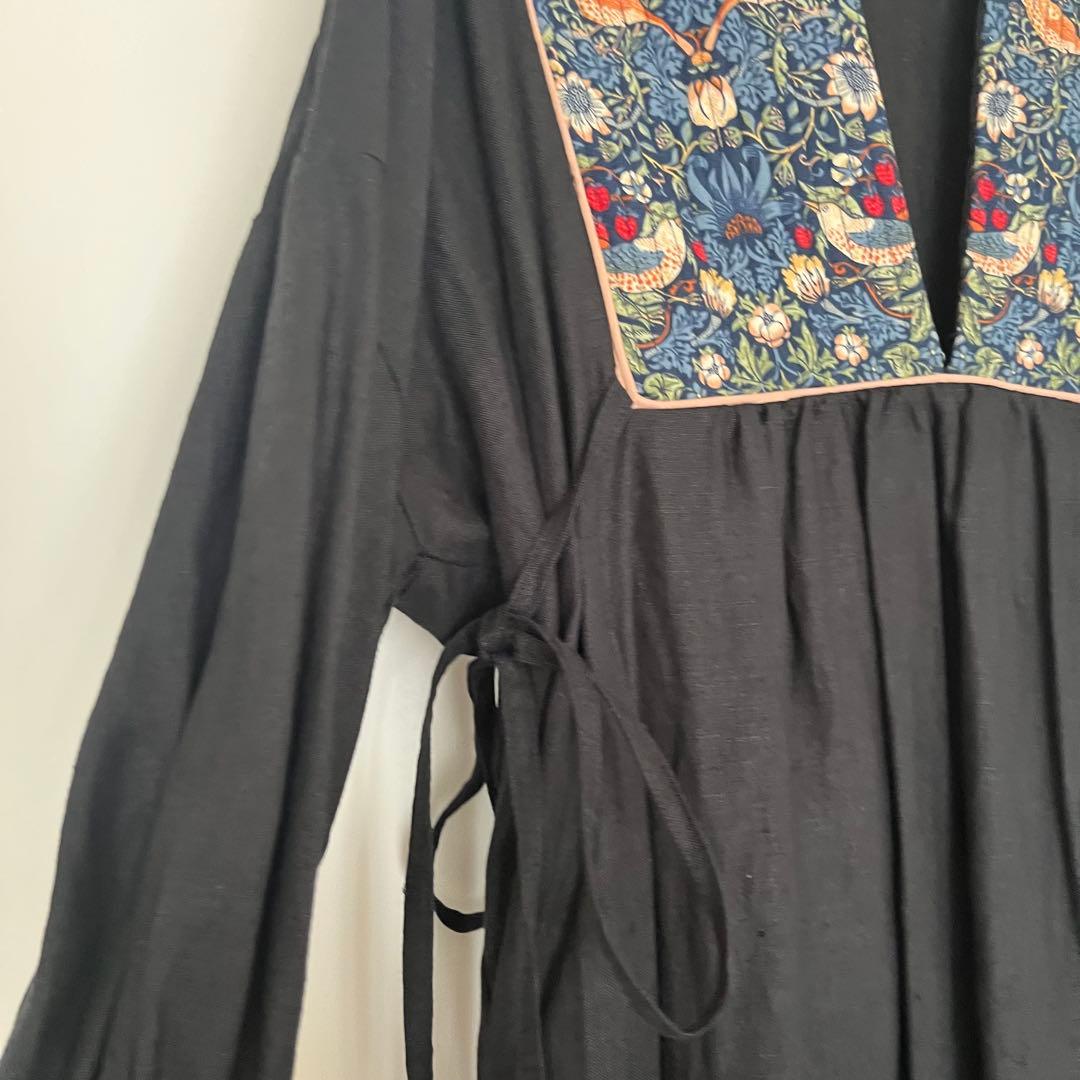 handmade ウィリアムモリスいちご泥棒×リネン ワンピース フリーサイズ