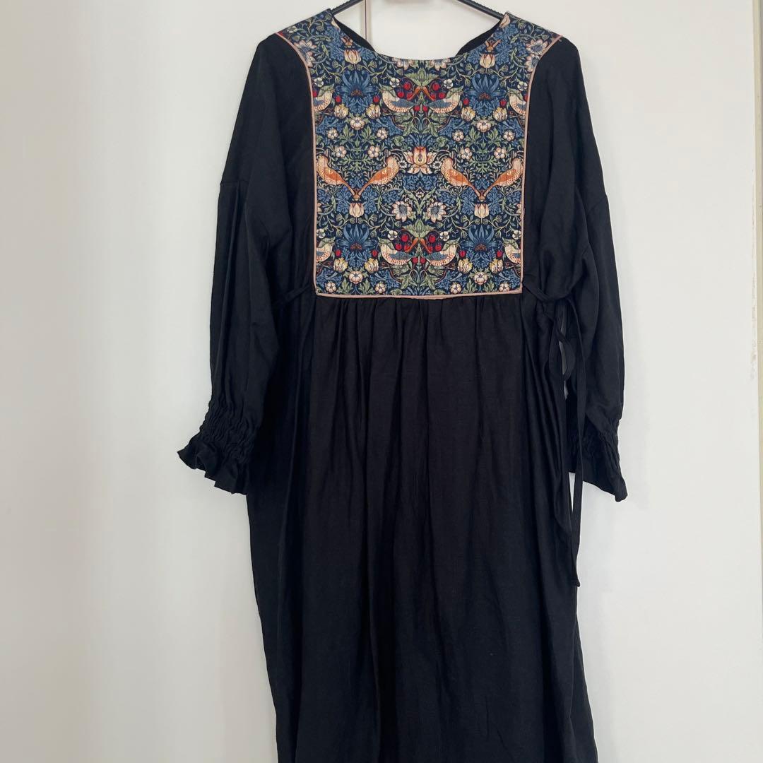 handmade ウィリアムモリスいちご泥棒×リネン ワンピース フリーサイズ