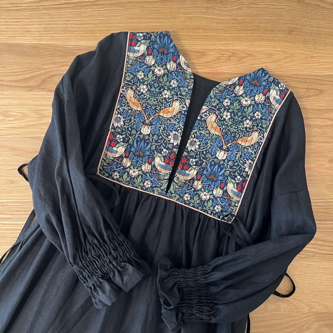 handmade ウィリアムモリスいちご泥棒×リネン ワンピース フリーサイズ