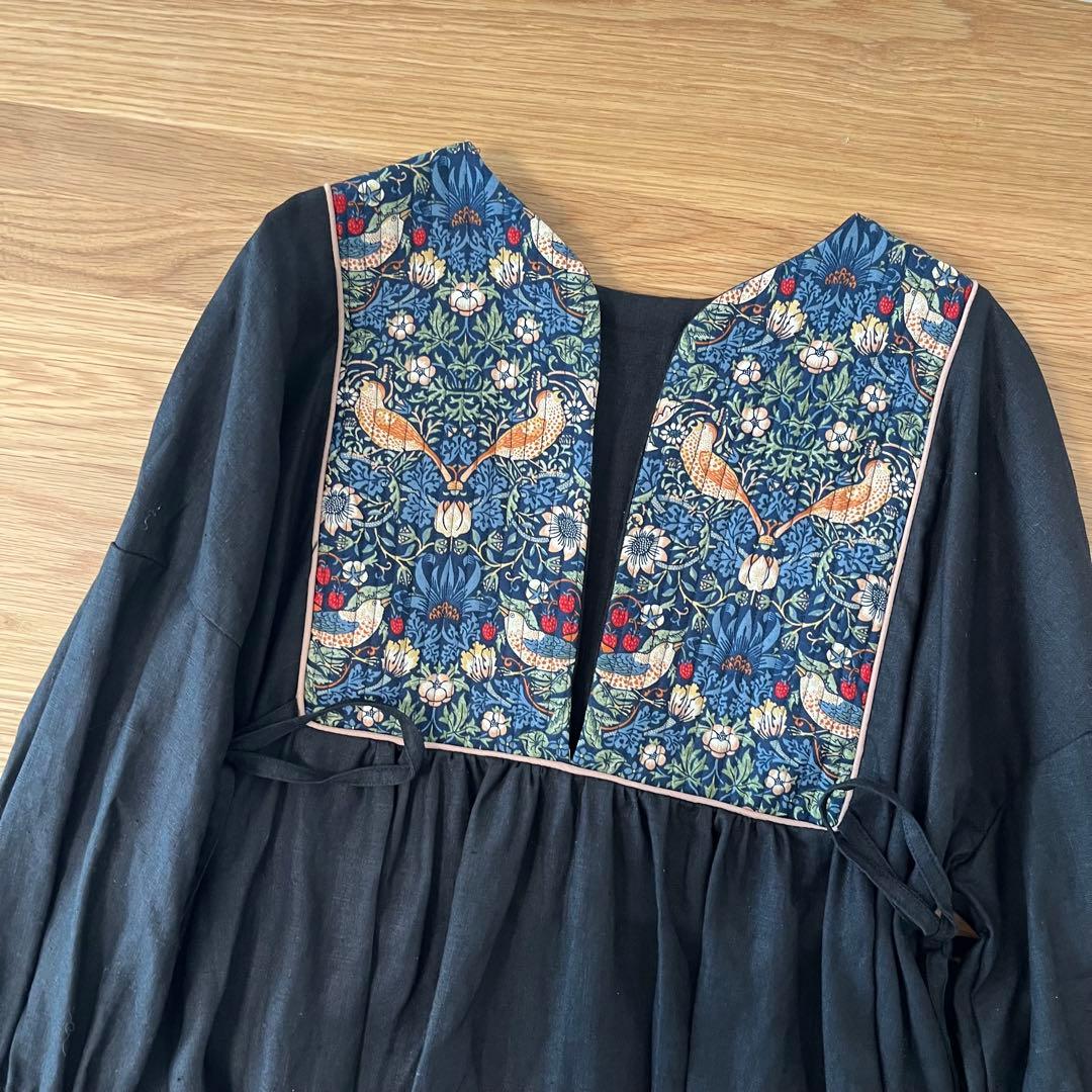handmade ウィリアムモリスいちご泥棒×リネン ワンピース フリーサイズ