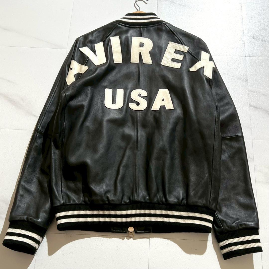 美品　AVIREX　フルレザー　スタジャン　バックロゴ　シープスキン　ブラック
