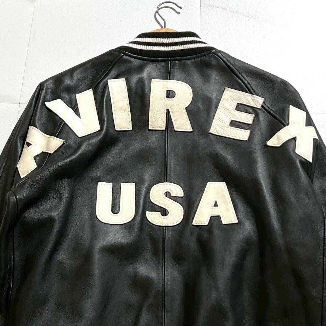美品　AVIREX　フルレザー　スタジャン　バックロゴ　シープスキン　ブラック
