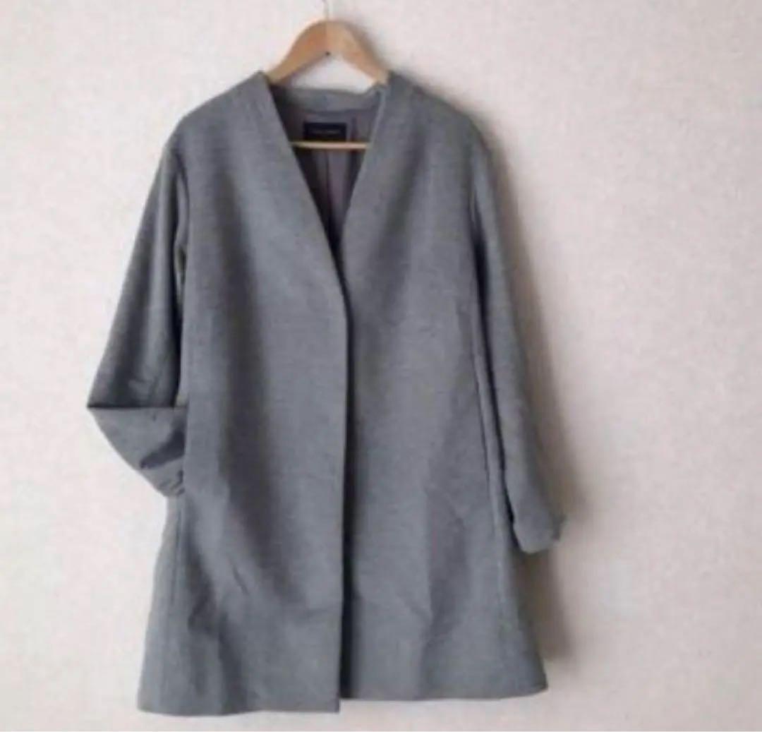 トランスワーク✳︎ノーカラーコート　ウール混　サイズ46 大きいサイズ