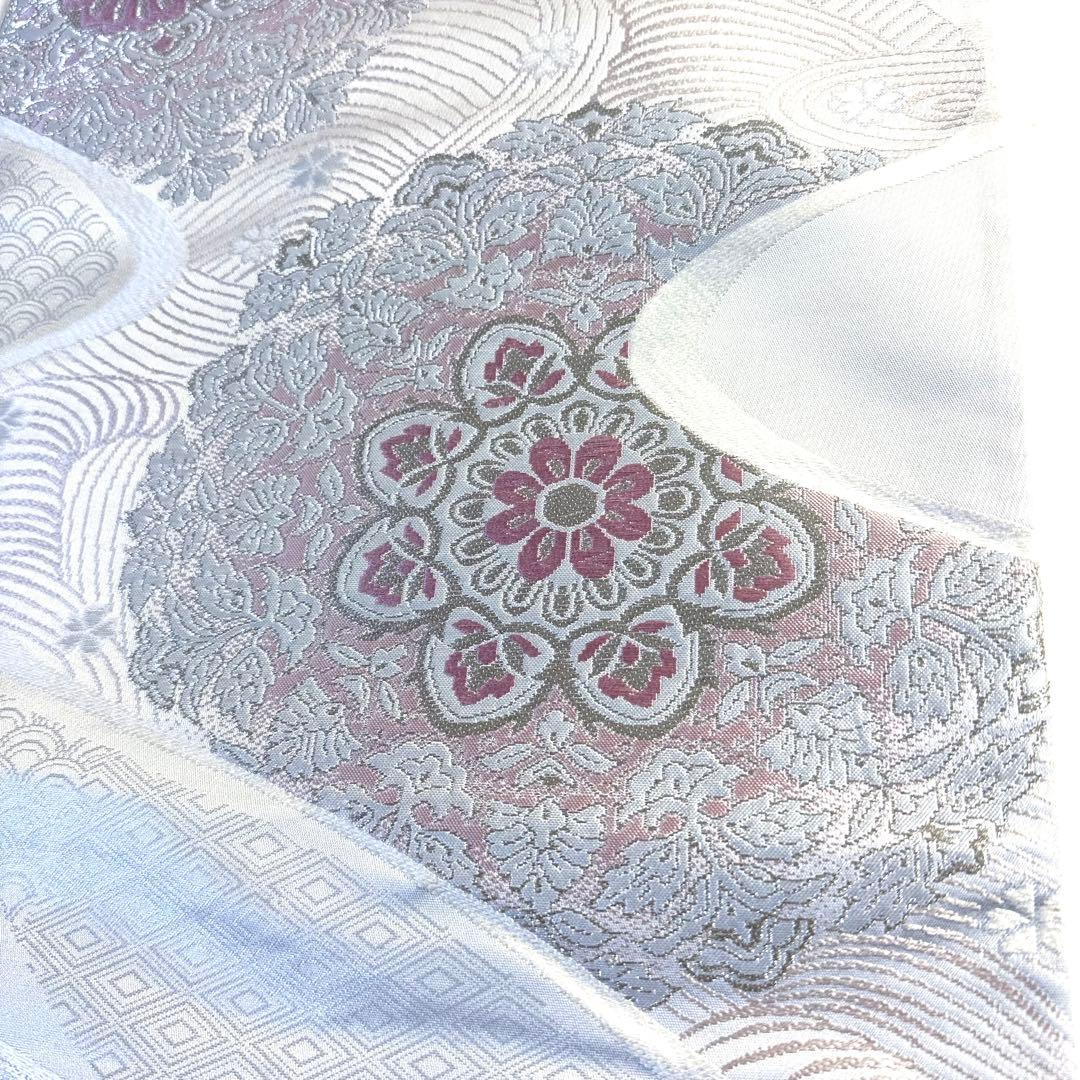 6k148 袋帯　絹　唐織　正倉院文様　華文　銀色　白　ピンク　花柄　和装