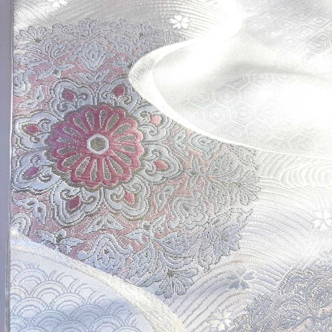 6k148 袋帯　絹　唐織　正倉院文様　華文　銀色　白　ピンク　花柄　和装