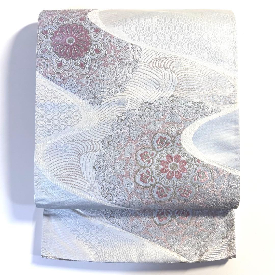 6k148 袋帯　絹　唐織　正倉院文様　華文　銀色　白　ピンク　花柄　和装