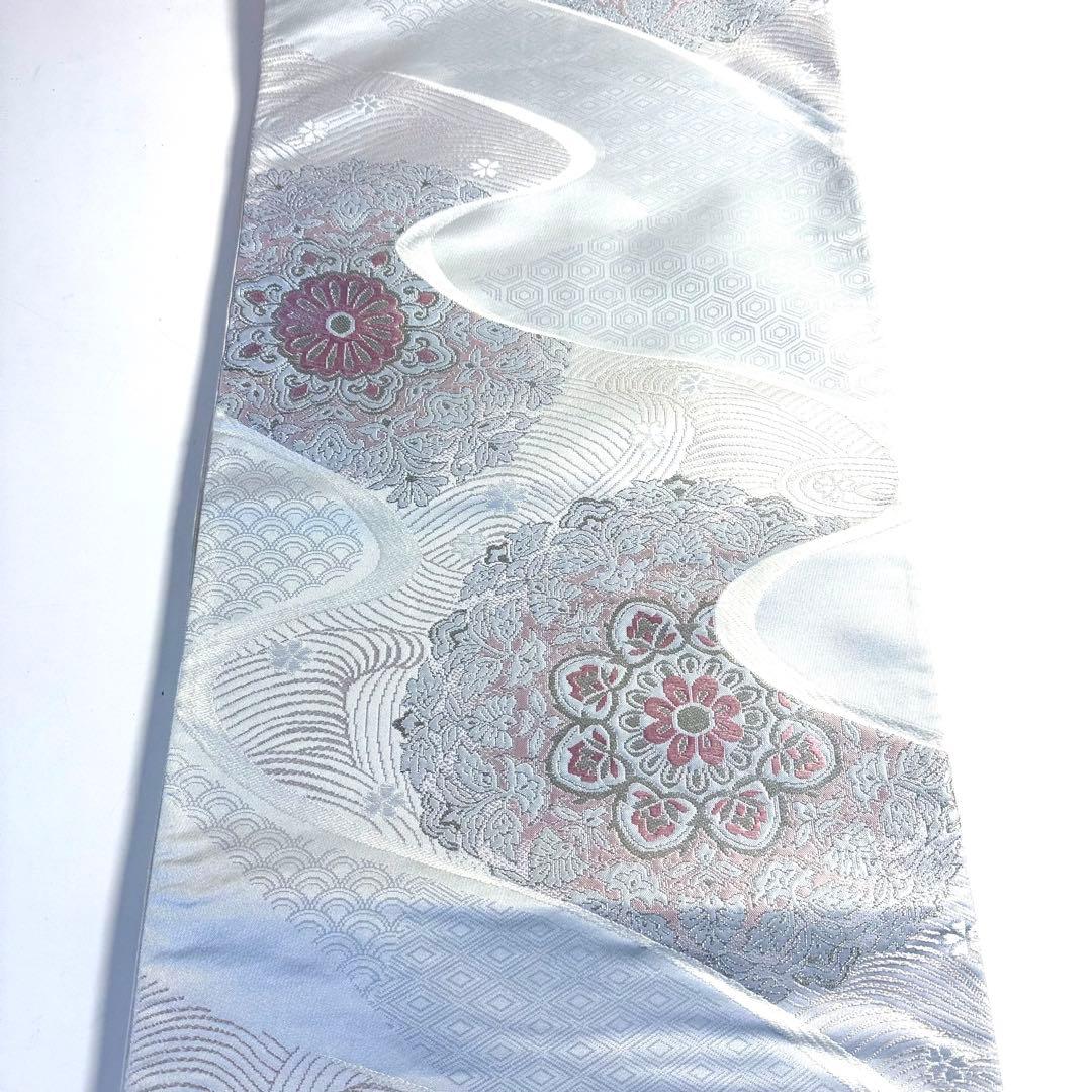 6k148 袋帯　絹　唐織　正倉院文様　華文　銀色　白　ピンク　花柄　和装