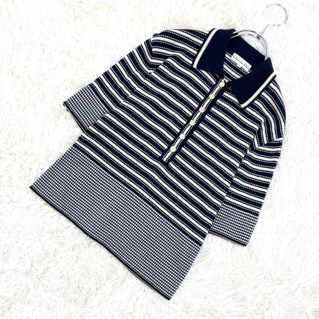 美品クリスチャンディオール ボーダー ラメ サマーニット ポロシャツ y2k M