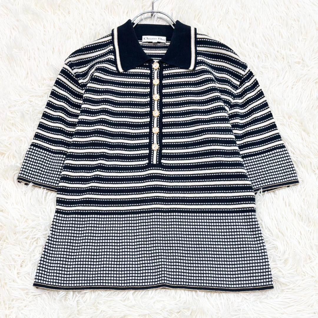 美品クリスチャンディオール ボーダー ラメ サマーニット ポロシャツ y2k M
