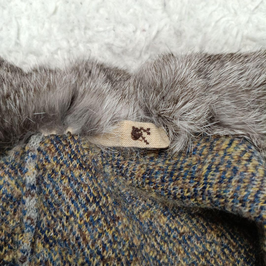 45R　ウールポンチョ　ラビットファー　ケープ　総柄　フリーサイズ