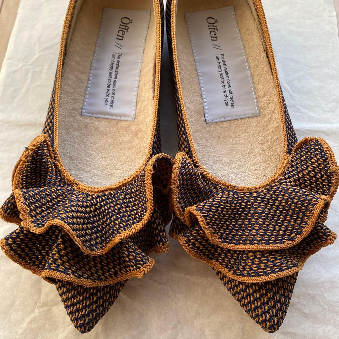 オッフェン　öffen　フラット　フリル　キャメル&ネイビー　23.5cm