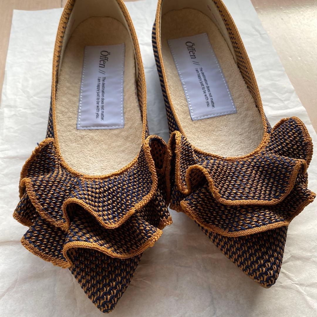 オッフェン　öffen　フラット　フリル　キャメル&ネイビー　23.5cm