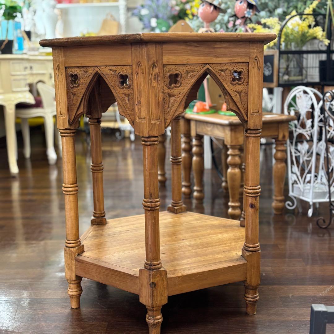フランス田舎風家具 ゴシック風木製六角形テーブル サイドテーブル コンソール花台