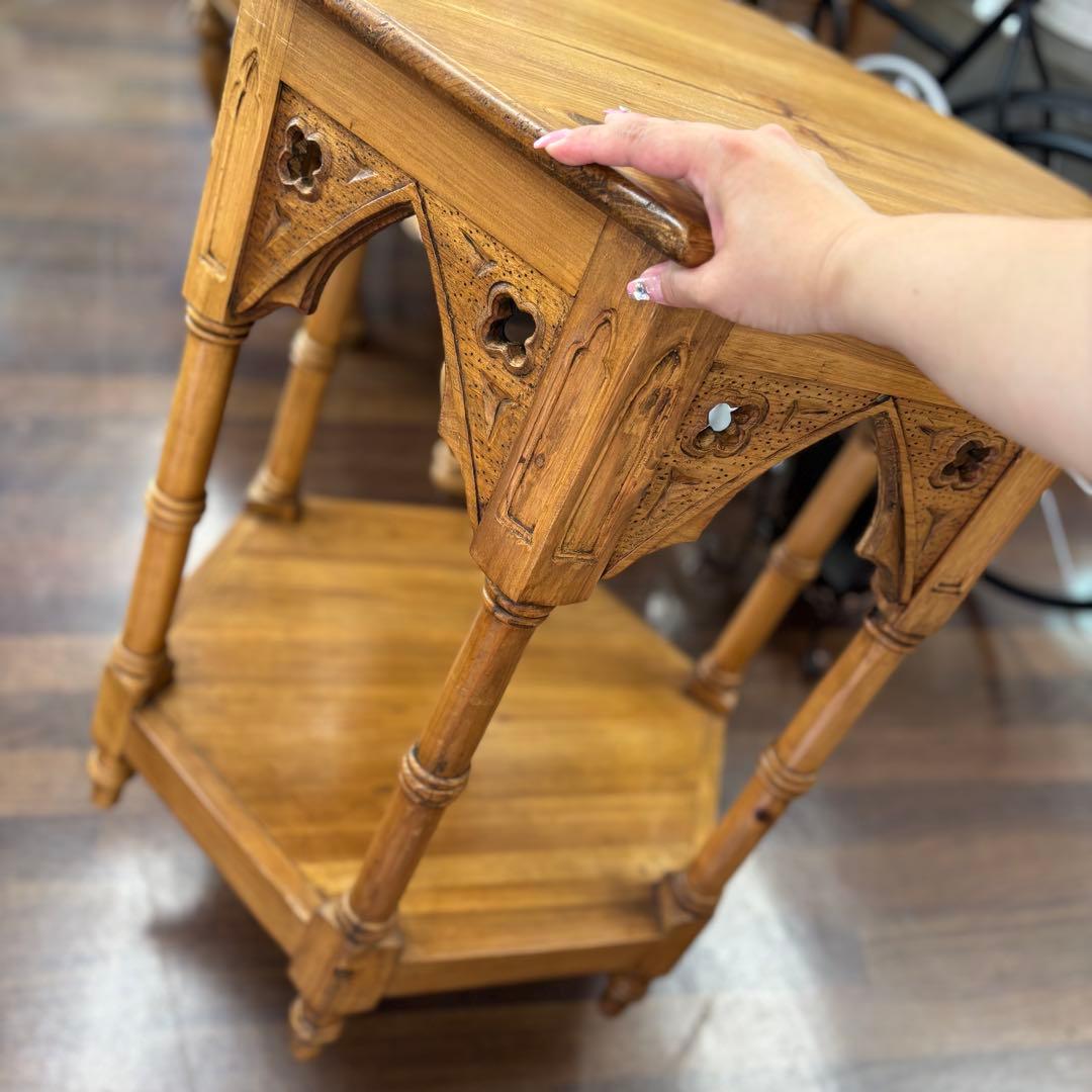 フランス田舎風家具 ゴシック風木製六角形テーブル サイドテーブル コンソール花台