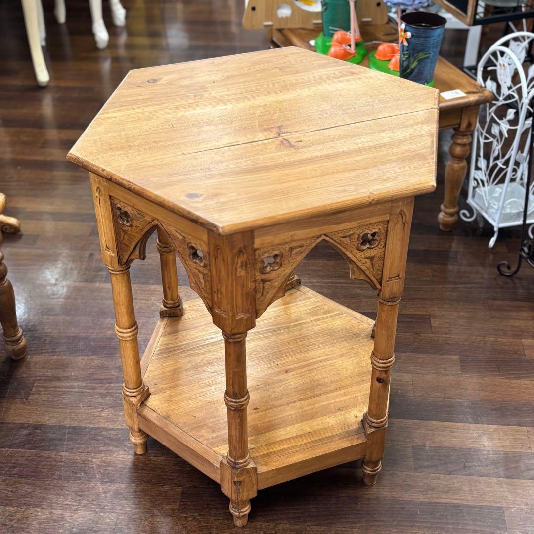 フランス田舎風家具 ゴシック風木製六角形テーブル サイドテーブル コンソール花台