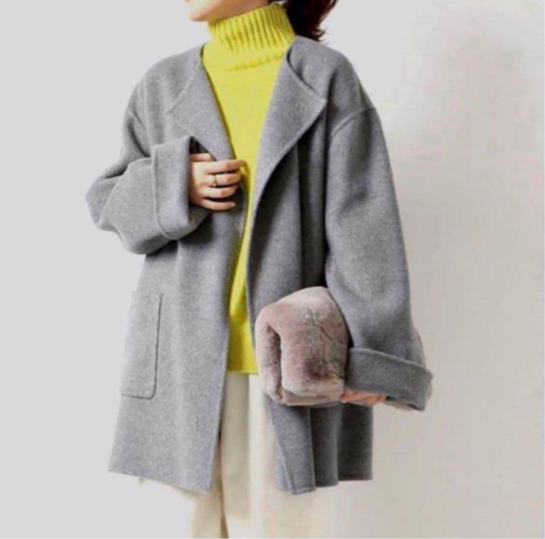 スピックアンドスパン ノーカラー リバーコート 美品 グレー ミドル丈