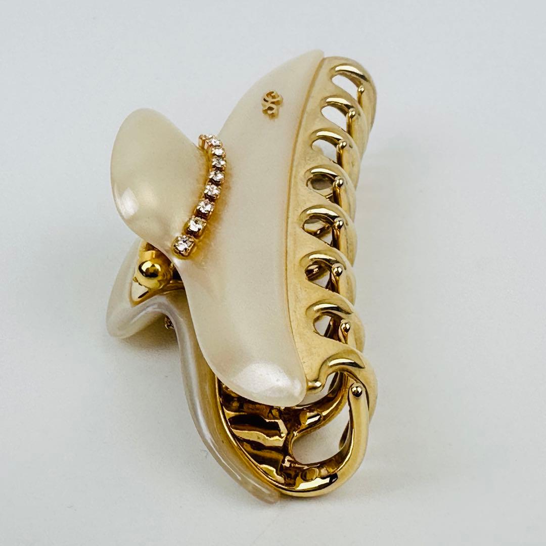 美品　アッカ　バレッタ　ヘアクリップ ゴールド アイボリー 約10cm ロゴ