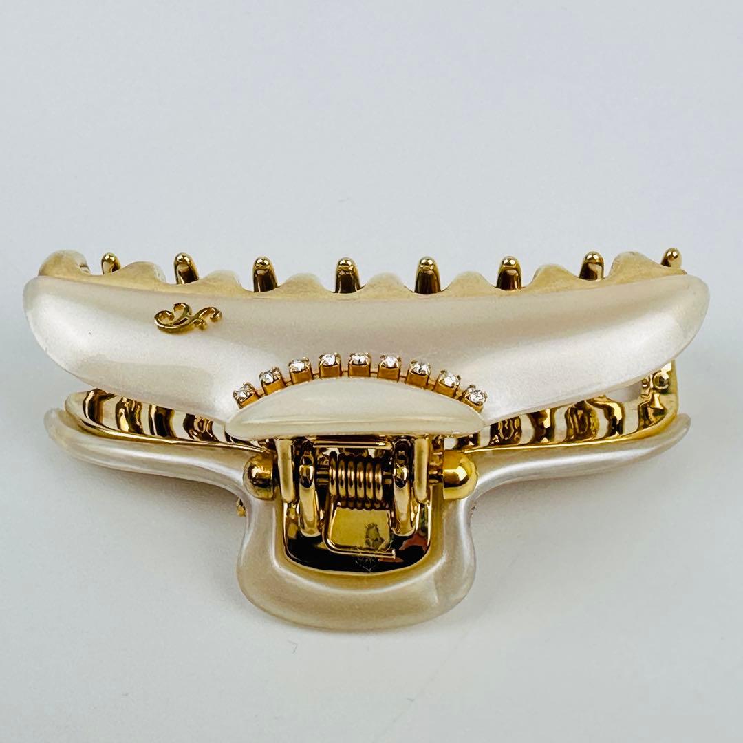 美品　アッカ　バレッタ　ヘアクリップ ゴールド アイボリー 約10cm ロゴ