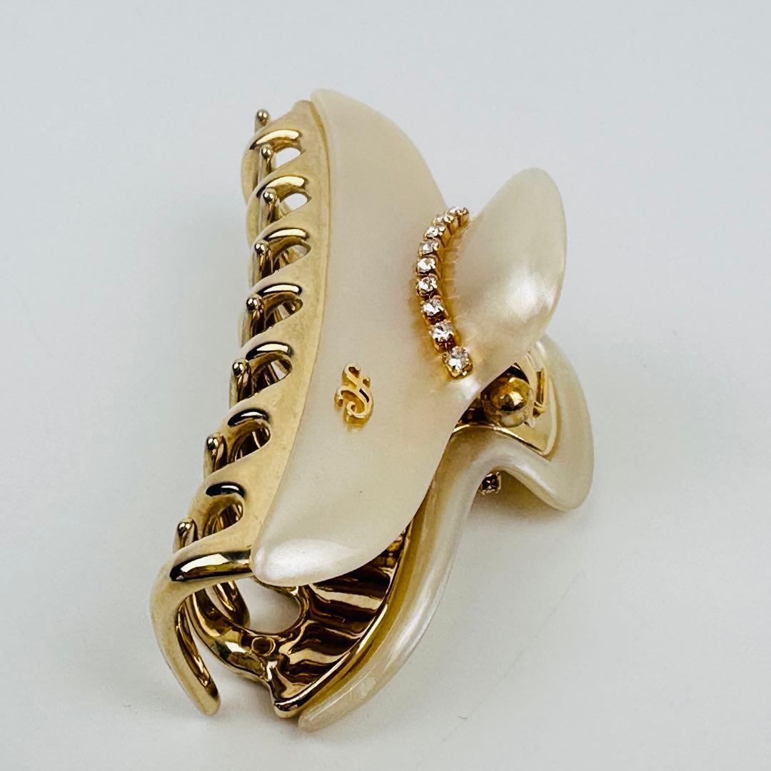 美品　アッカ　バレッタ　ヘアクリップ ゴールド アイボリー 約10cm ロゴ