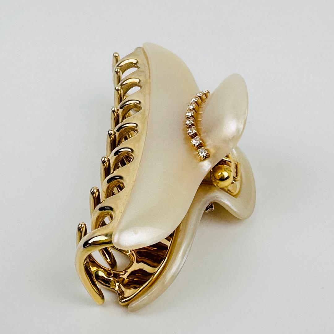 美品　アッカ　バレッタ　ヘアクリップ ゴールド アイボリー 約10cm ロゴ