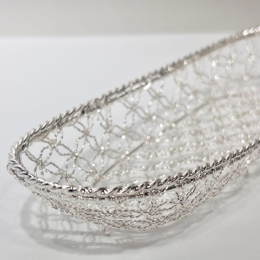 希少！銀座和光銀細工　おしぼりトレー　おしぼりトレイ　かご編み　銀仕上げ　銀加工