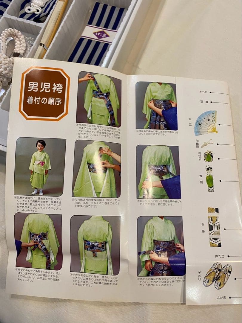 七五三　男児袴　着物　子供用 着物 5〜7歳着物7点セット　紺色　白色　夢こまち