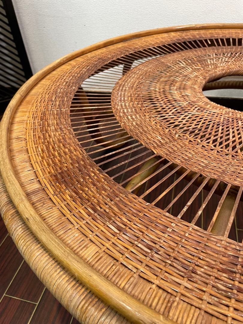 ラタン センターテーブル ガラストップ 昭和レトロ 籐 リビングテーブル 座卓