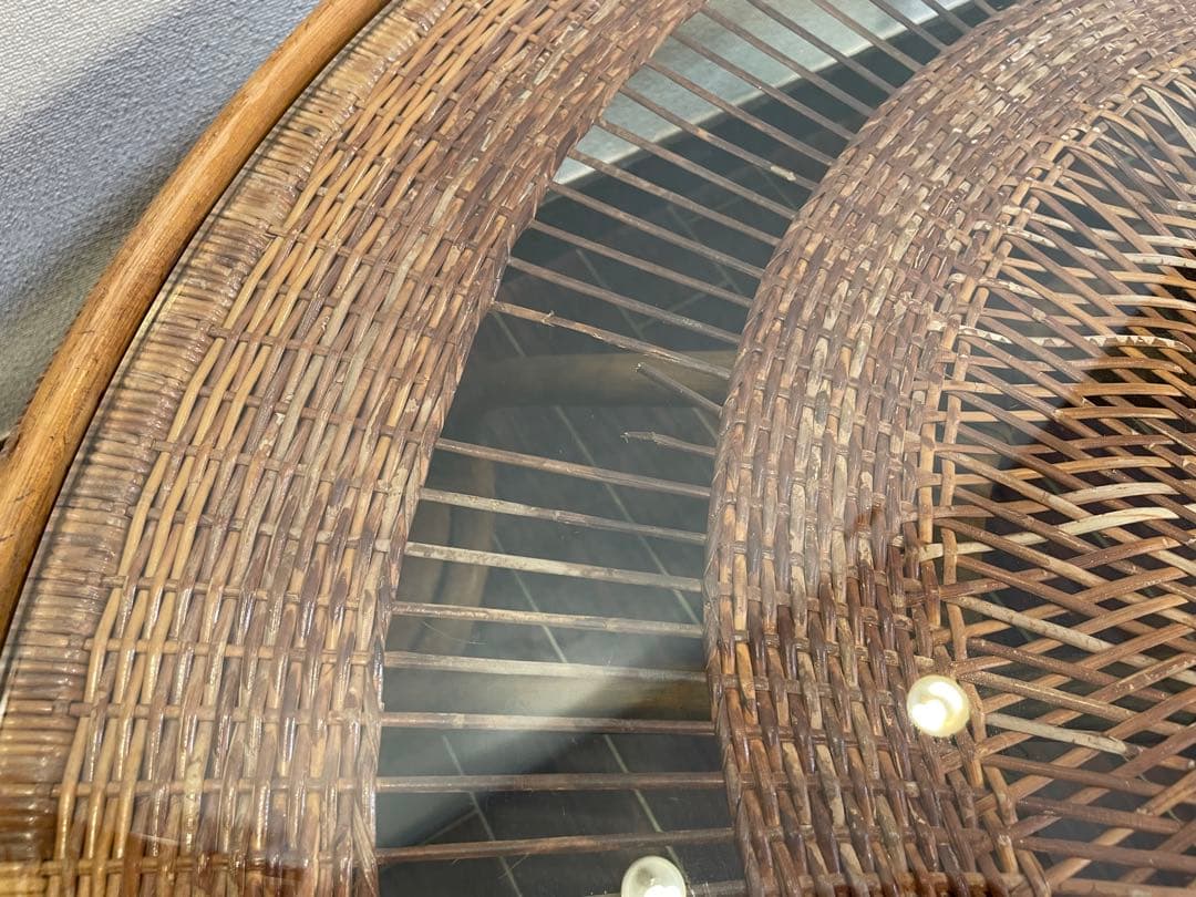 ラタン センターテーブル ガラストップ 昭和レトロ 籐 リビングテーブル 座卓