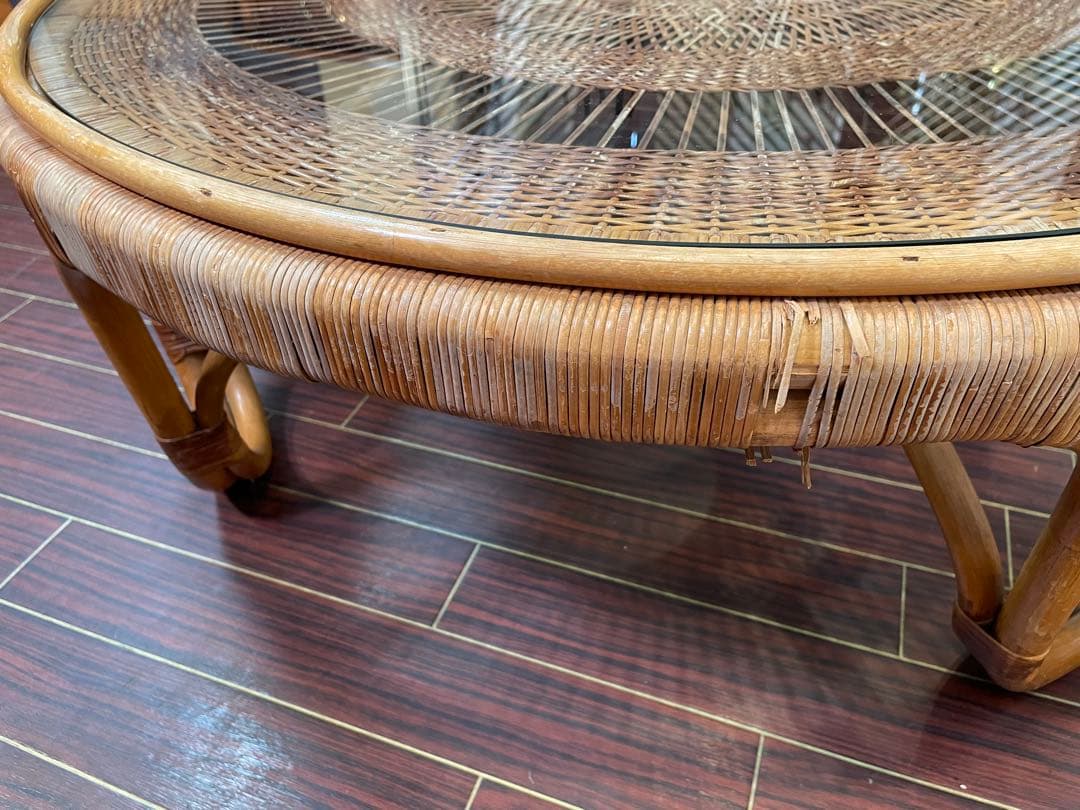 ラタン センターテーブル ガラストップ 昭和レトロ 籐 リビングテーブル 座卓