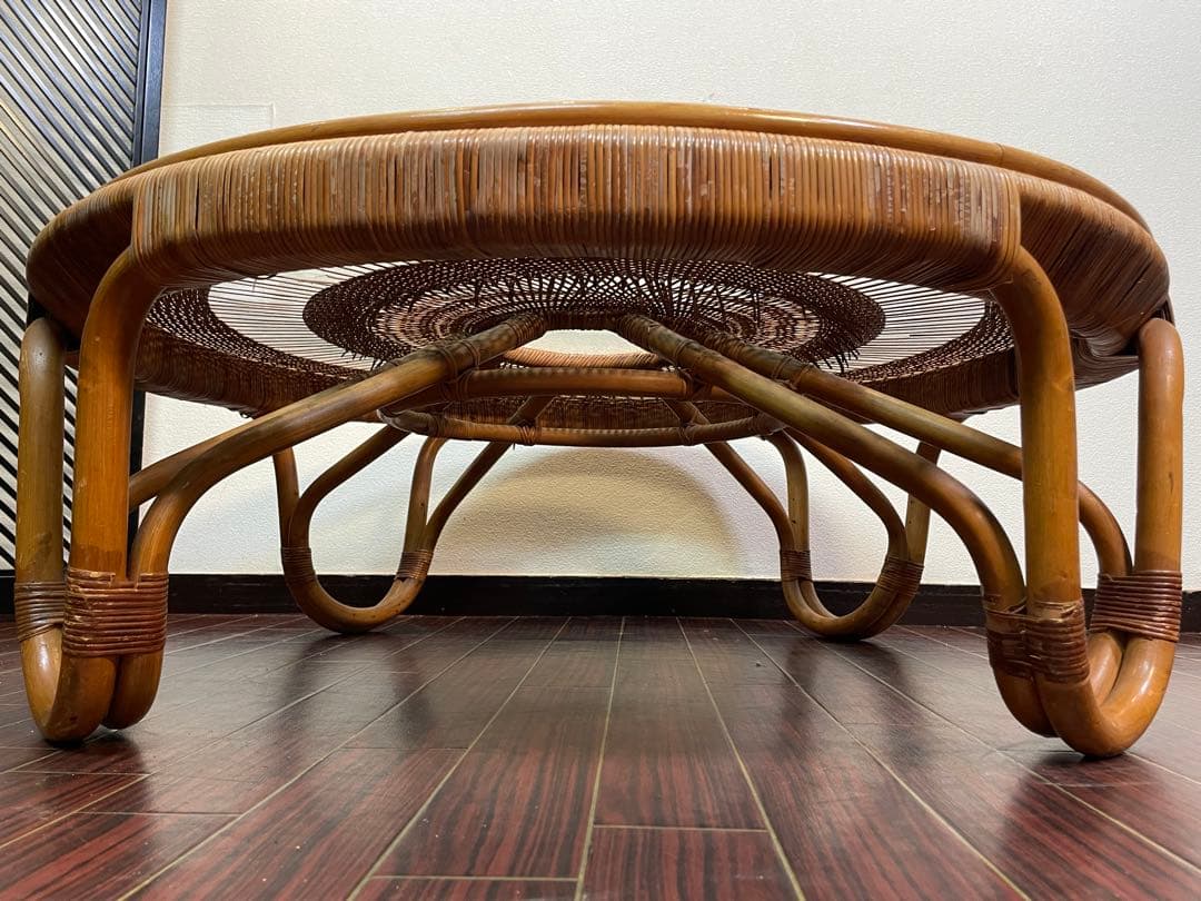 ラタン センターテーブル ガラストップ 昭和レトロ 籐 リビングテーブル 座卓