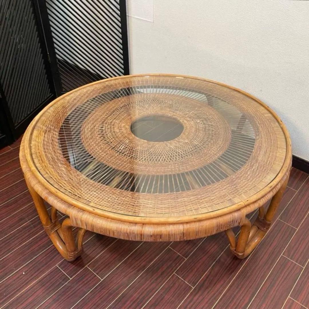 ラタン センターテーブル ガラストップ 昭和レトロ 籐 リビングテーブル 座卓