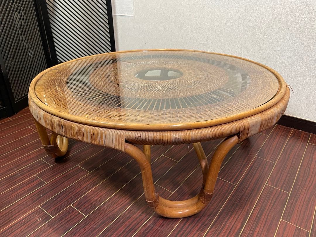 ラタン センターテーブル ガラストップ 昭和レトロ 籐 リビングテーブル 座卓