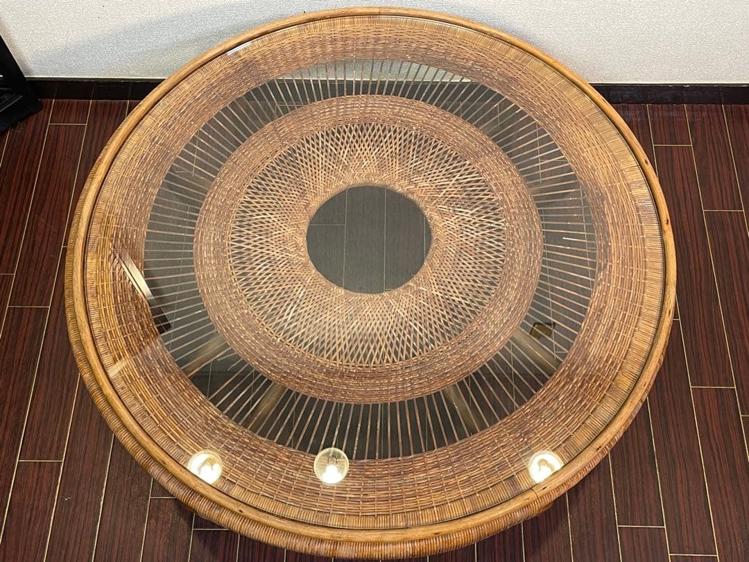 ラタン センターテーブル ガラストップ 昭和レトロ 籐 リビングテーブル 座卓
