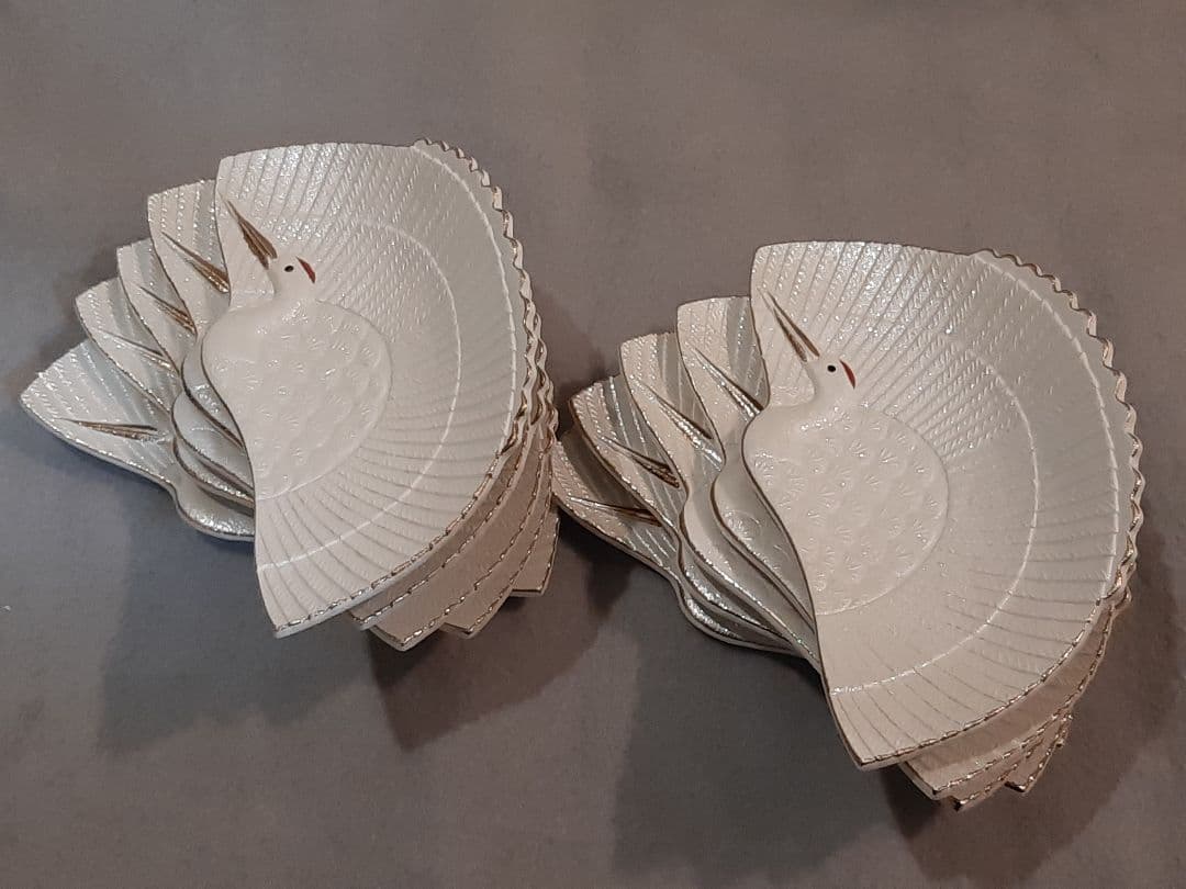 鶴のお皿　10枚セット　足付き　白とオーロラ調