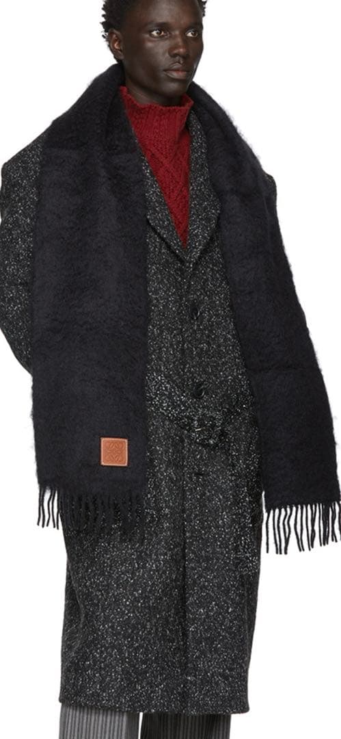 「LOEWE」 Black モヘア✖ウール レザーロゴパッチ マフラー 正規品