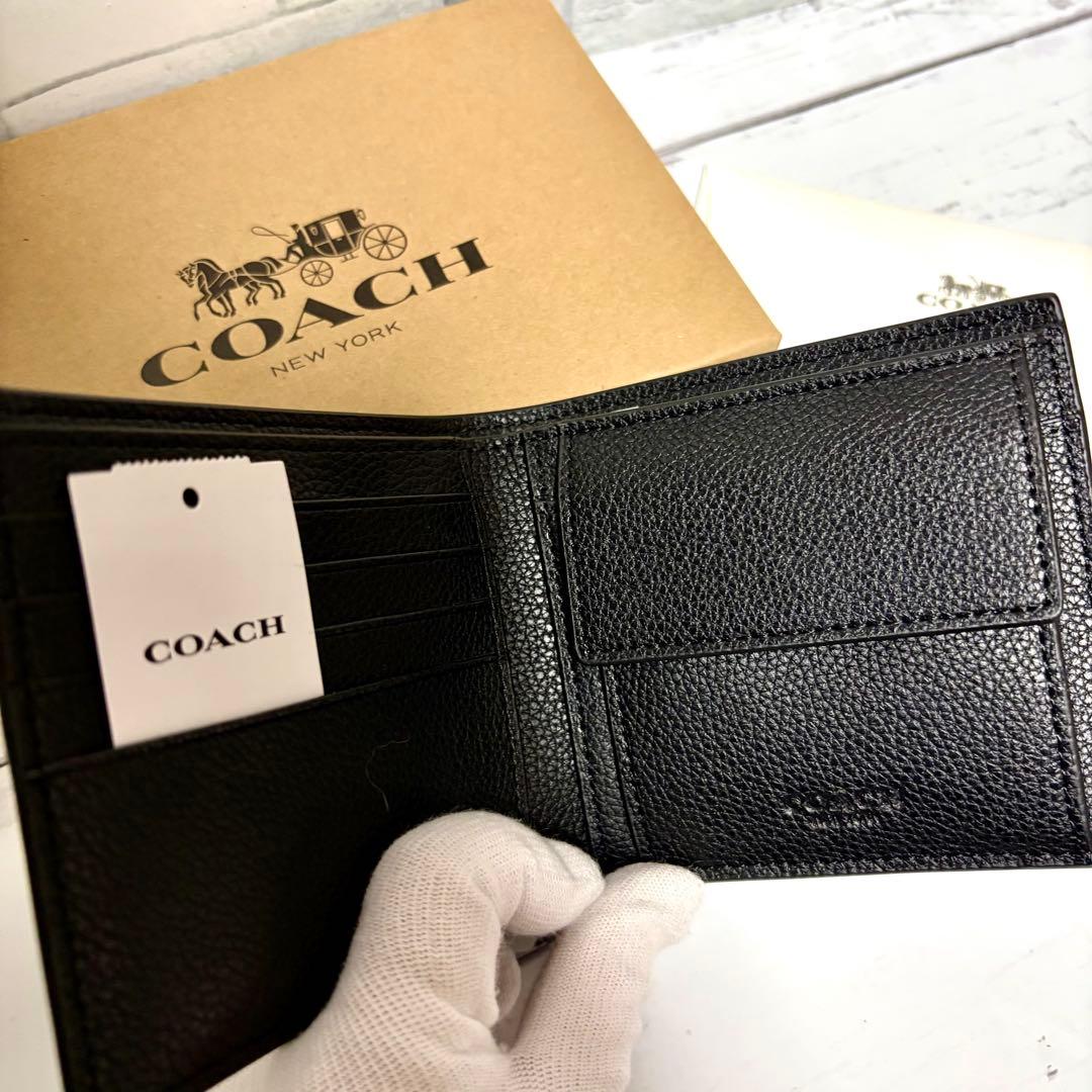 コーチ 財布 COACH カーフカーフ レザー 二つ折り財布 ブラック 箱付き