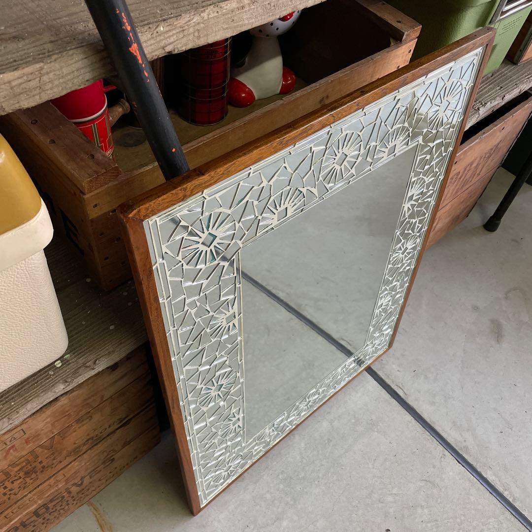 【まるこ⭐︎】デザイン ウッドミラー 壁掛け 鏡 姿見 蚤の市 レトロ