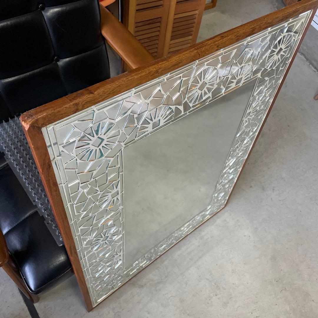 【まるこ⭐︎】デザイン ウッドミラー 壁掛け 鏡 姿見 蚤の市 レトロ