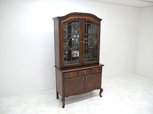 アールデコ様式飾り棚 ステンドグラス扉×背面ミラー キュリオケース　カップボード