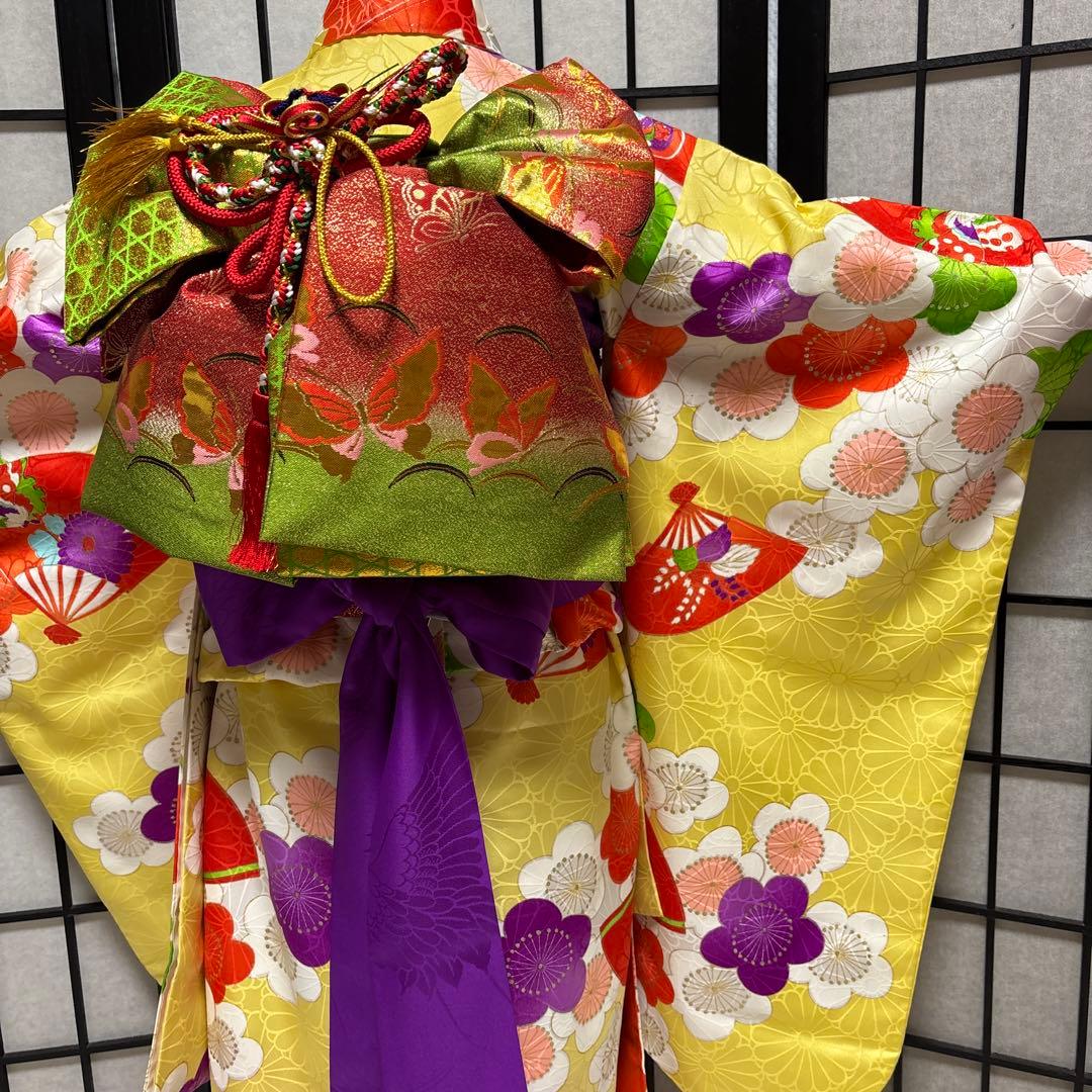 七五三　着物セット　7歳　5歳　レモンイエロー　黄色　キュート　ポップ　個性的